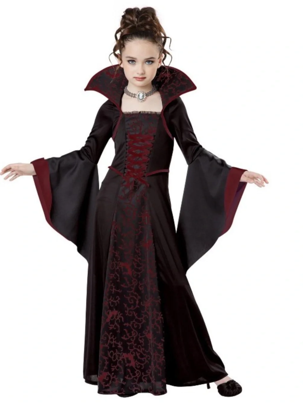 Girls Black and Burgundy Gothic Royal Vampire Costume Dress Halloween Large